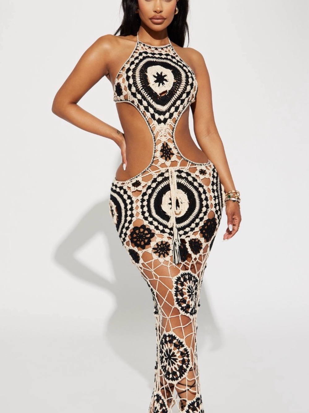 Beige and Black Crochet Cutout Maxi Dress